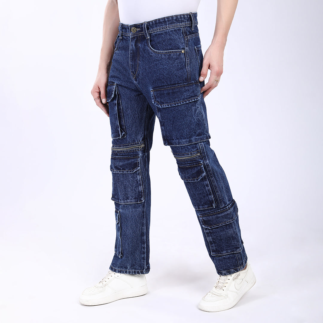 DARK BLUE BAGGY CARGO FIT JEANS 4922-1